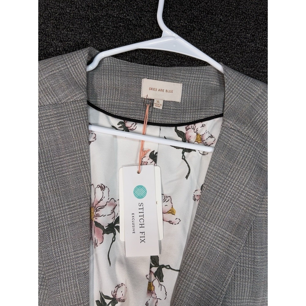 New Skies Are Blue Blazer Jacket Women's XL Grey Plaid Preppy Stretch Floral - Picture 3 of 6